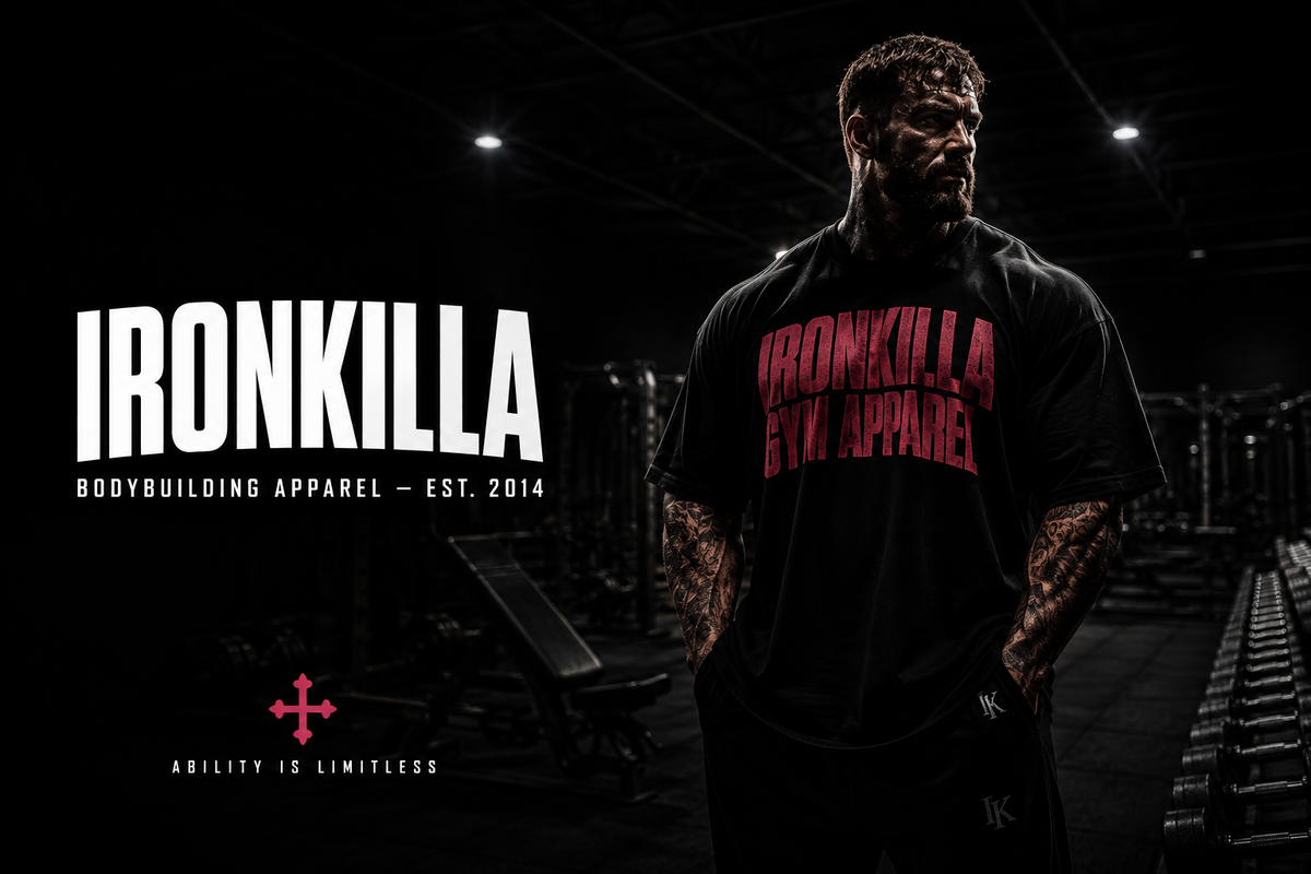 Ironkilla Bodybuilding Apparel inside a dark bodybuilding gym