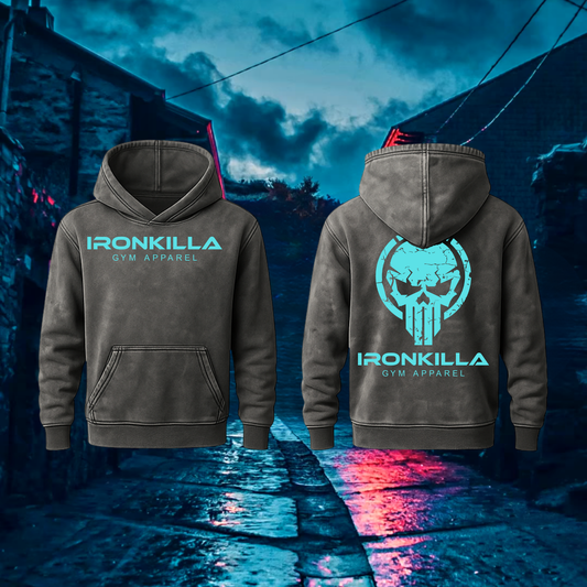 Ironkilla 'Signature Skull' Acid Wash/Grey' Hoodie