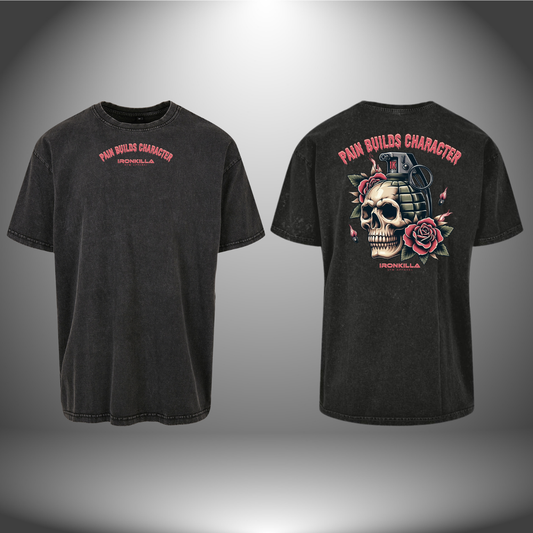'Pain Builds Character' Acid Wash Oversized T-shirt